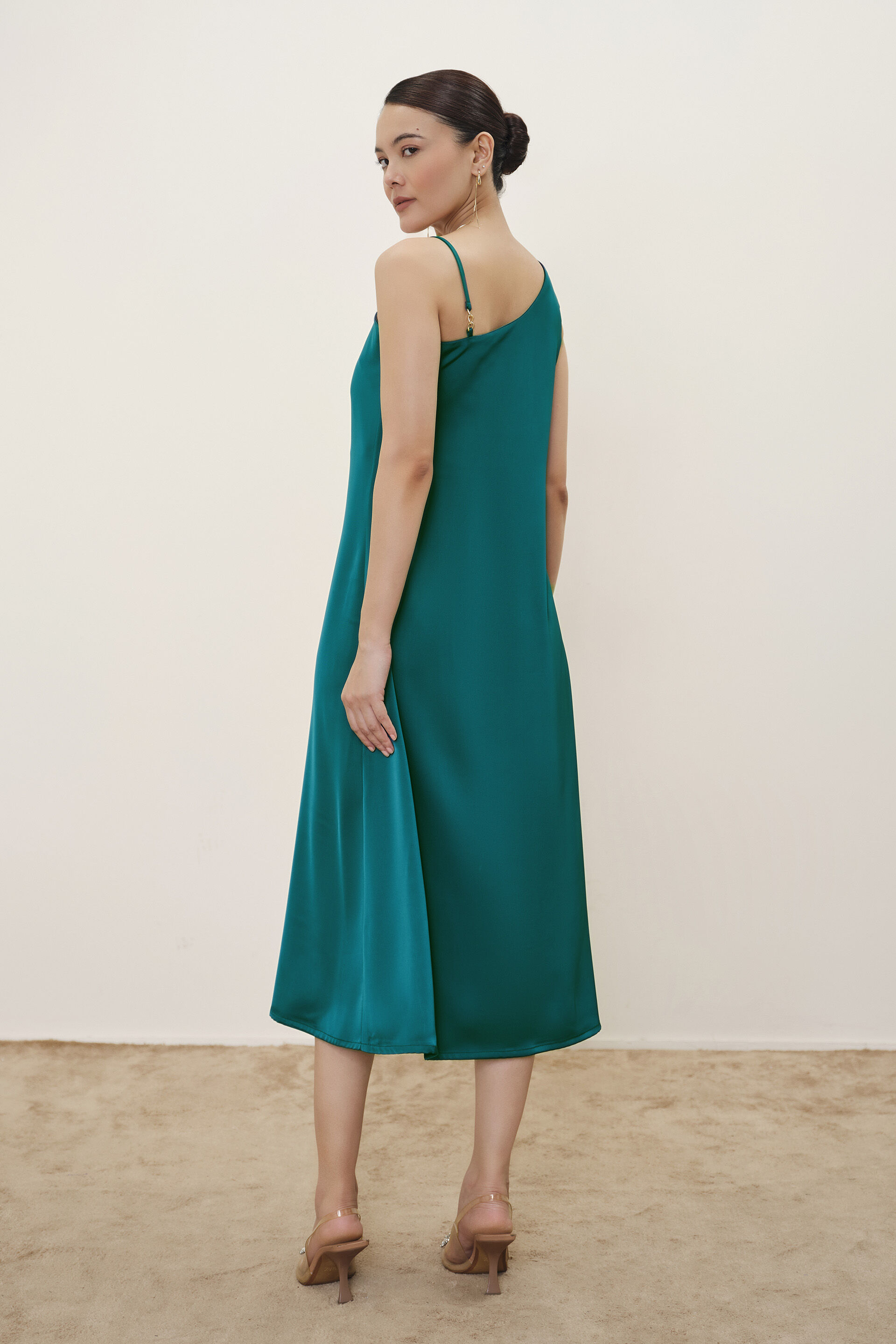 Teal One-Shoulder Satin Dress, Teal, image 5